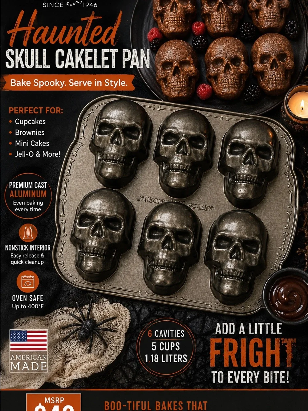 Nordic Ware Metallic Gray Haunted Skull Cakelet Pan, 6-Cavity